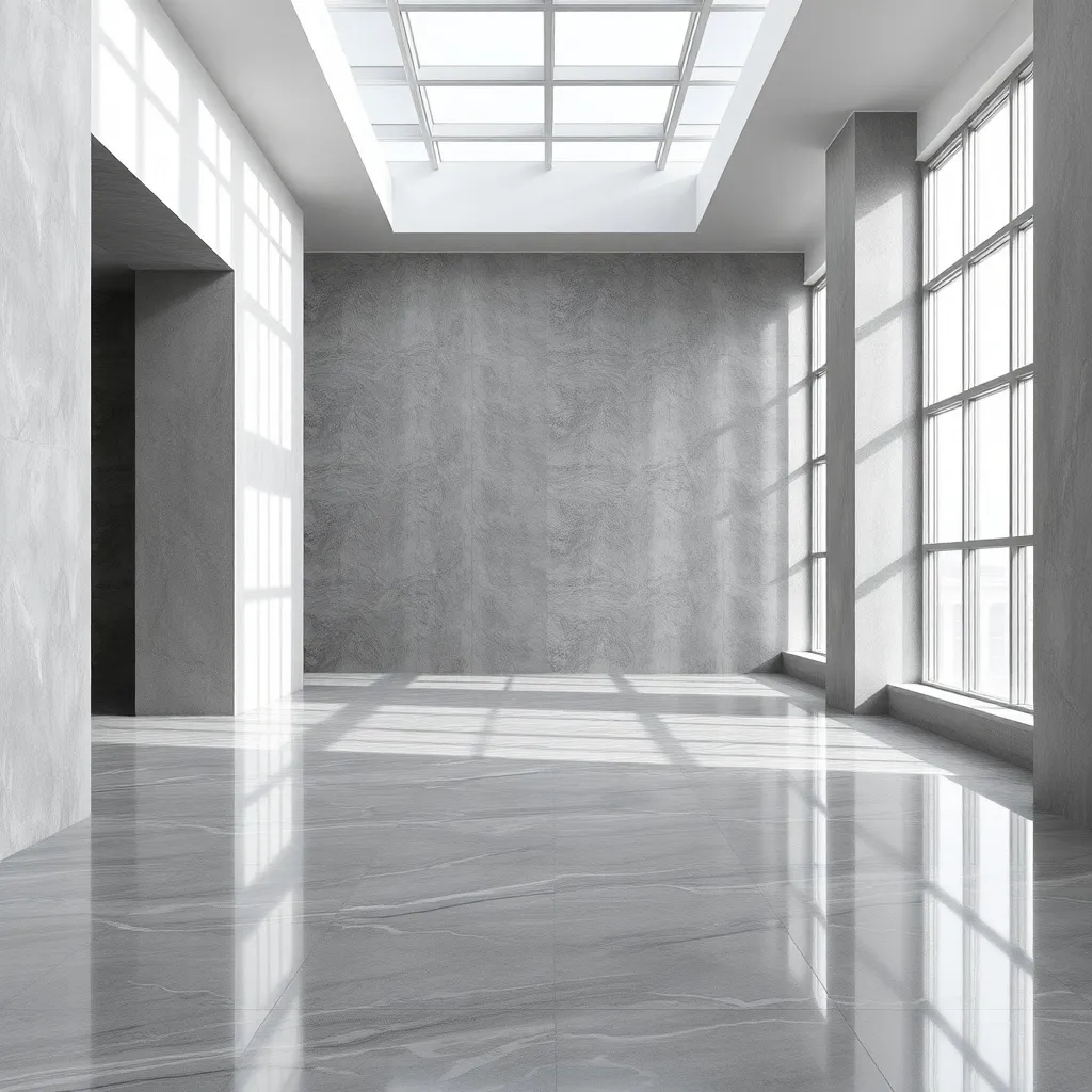 A minimalist architectural interior with clean lines, large