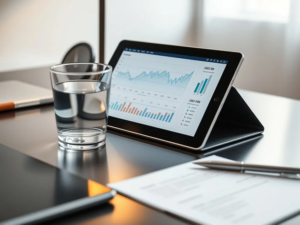 A close up of a high-end designer desk with a tablet showing