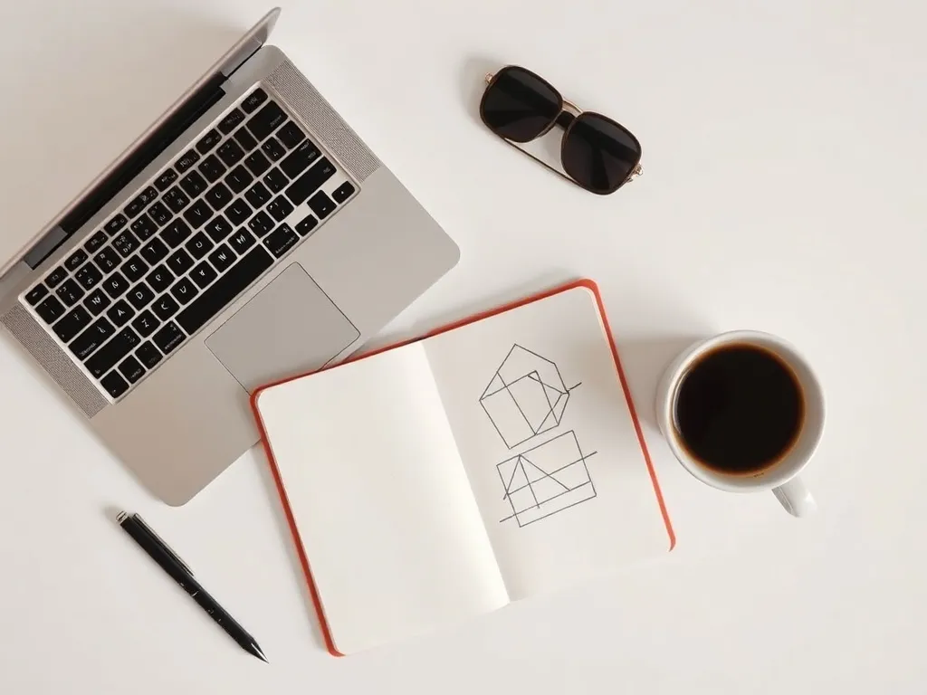 A top-down view of a clean workspace with a silver laptop, a