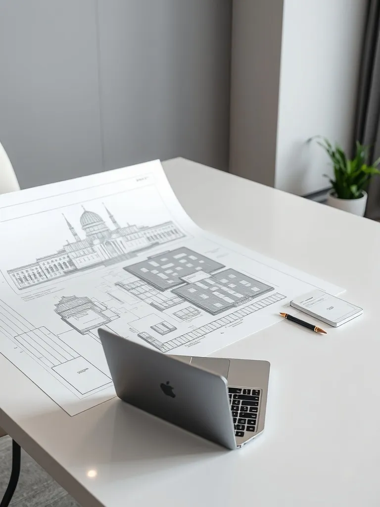 A high-end modern office desk with a clean architectural blu